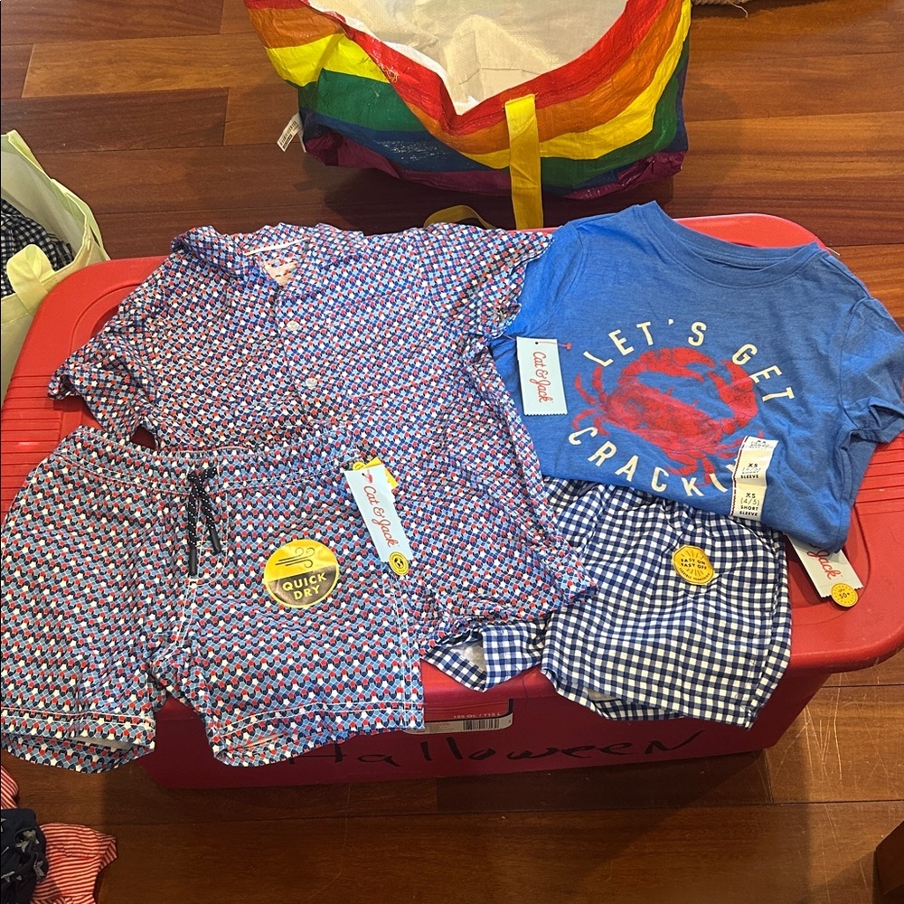 Red White and Blue Swim Trunks Cat & Jack lot with shirt and tee all NWT XS 4/5